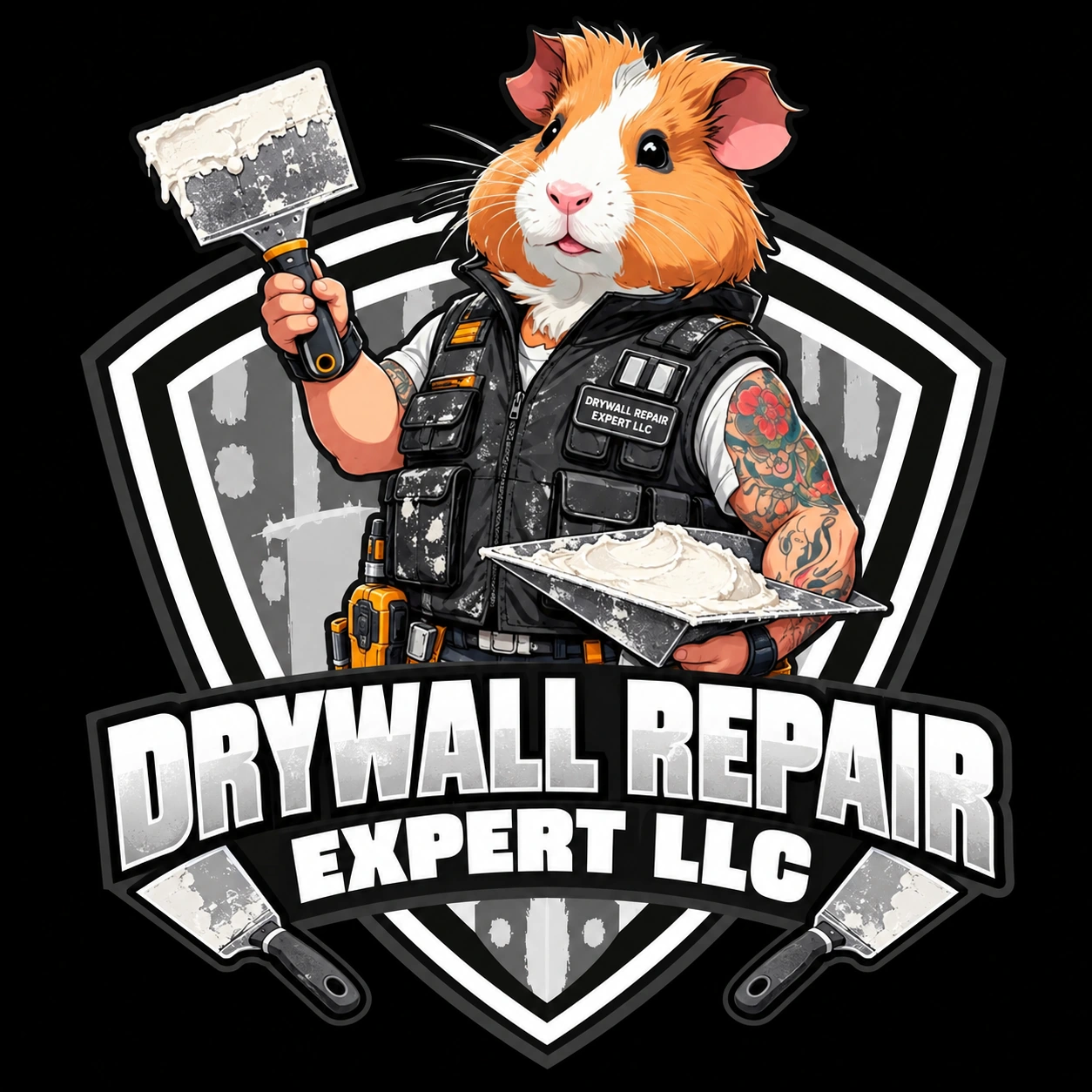 Drywall Repair Expert LLC logo: a guinea pig holding drywall finishing tools above the company name